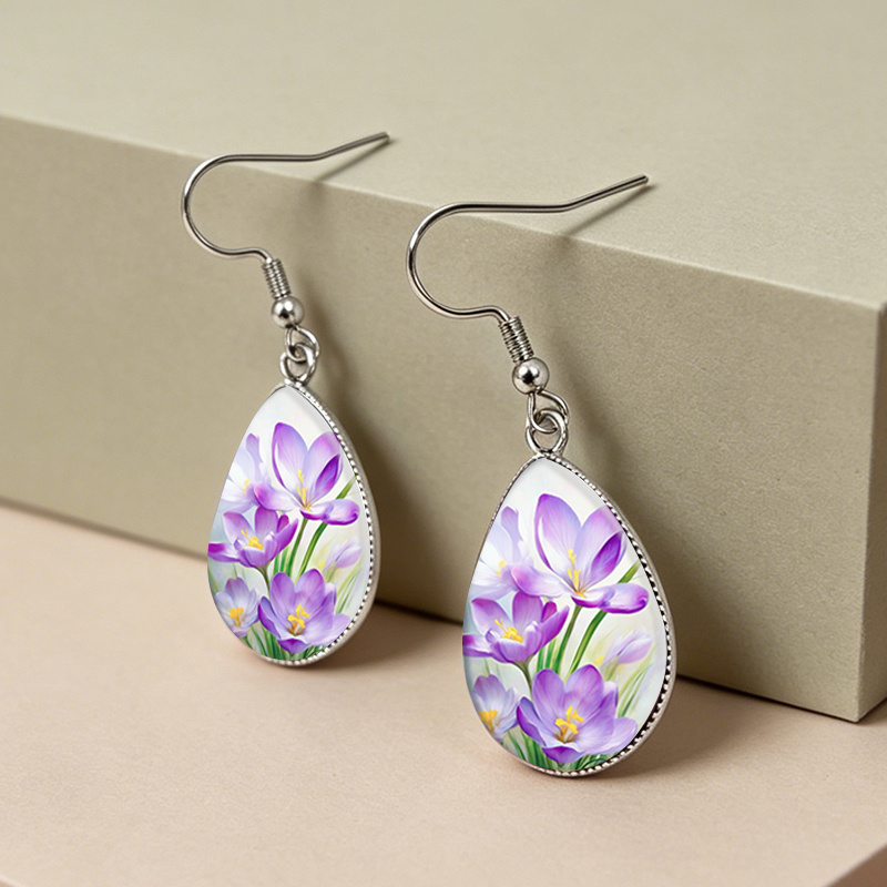 Purple Watercolor Crocus Flowers Tear Drop Glass Cabochon Earrings